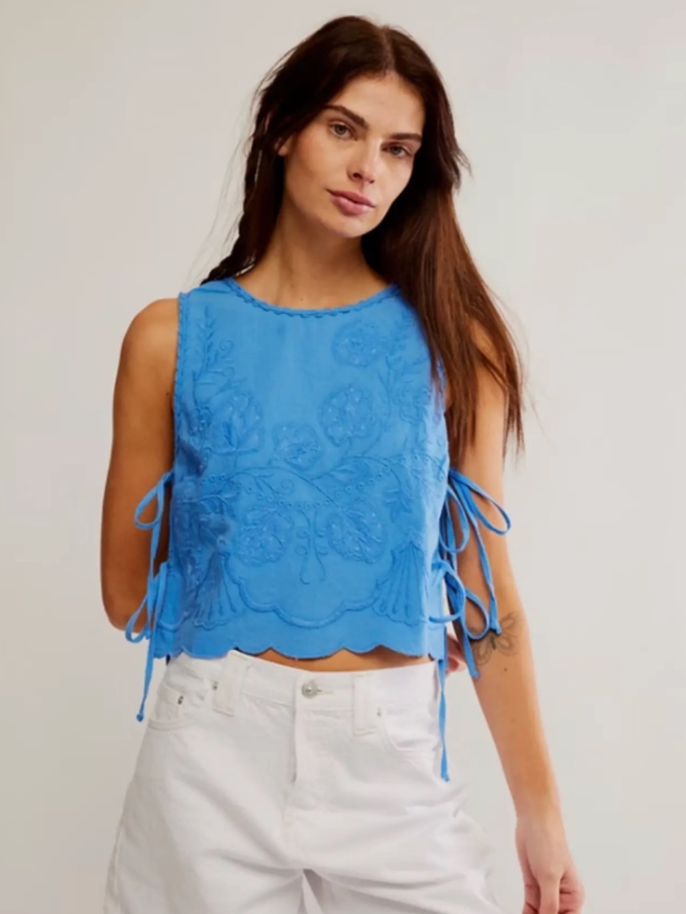 Blue embroidered floral gardens tank